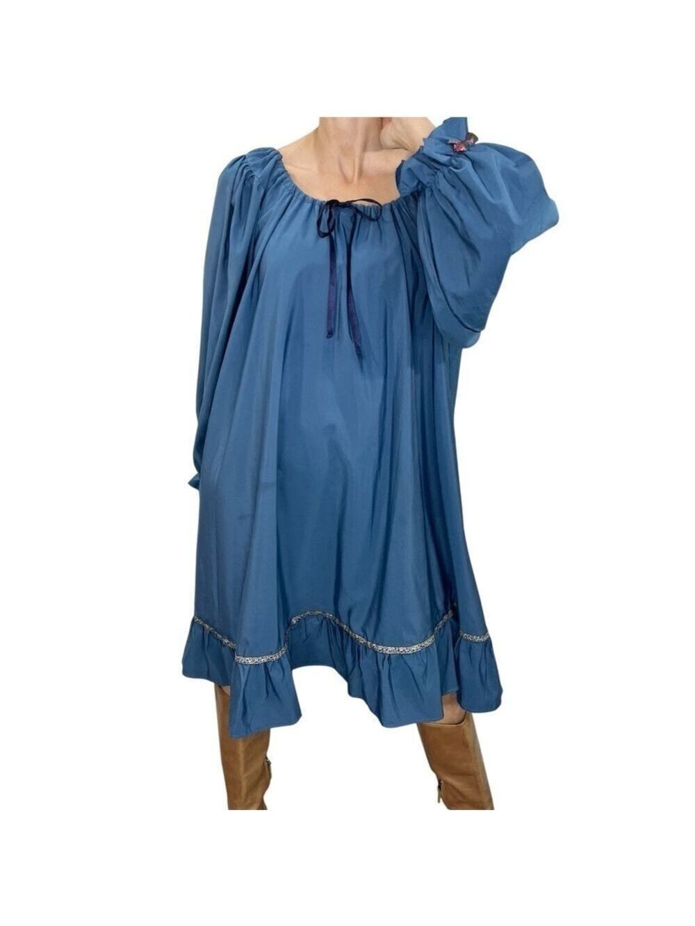 Boho Western blue gathered long puff sleeve tie neck ruffled midi dress